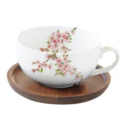 Sakura filiżanka 250ml z drewnianym spodkiem