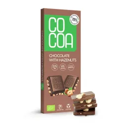 COCOA Czekolada z orzechami laskowymi BIO 40 g – tabliczka w opakowaniu i kawałki z orzechami