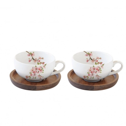 Sakura zestaw 2 filiżanek 100ml z drewnianymi spodkami - zdjęcie 1