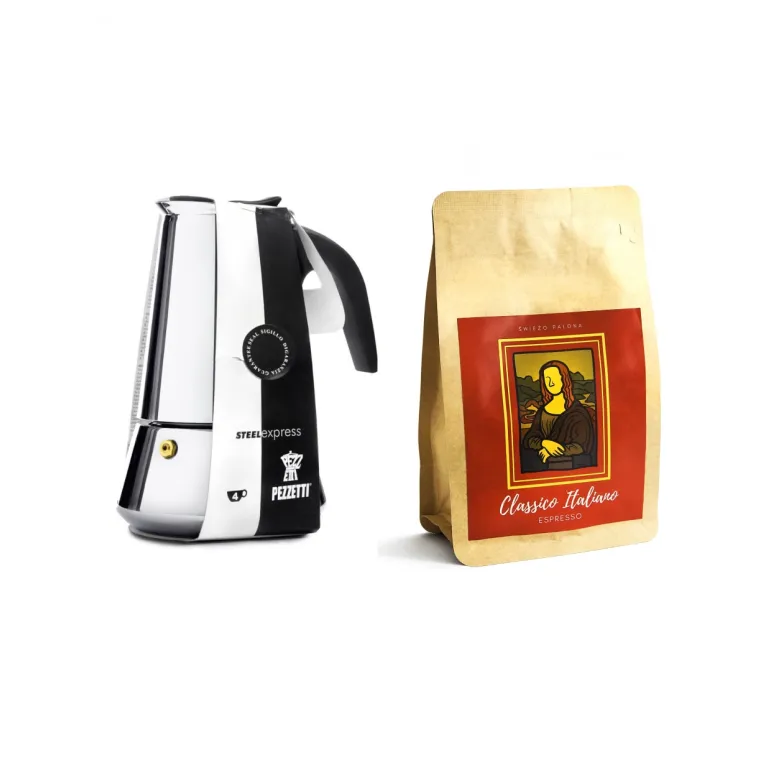 Zestaw Pezzetti Steelexpress 4tz i kawa mielona Classico Italiano zmielona do moka