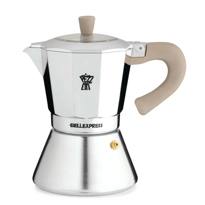 Pezzetti Bellexpress kawiarka aluminiowa na indukcję pojemność 6 tz / 300 ml kolor srebrna z beżową rączką