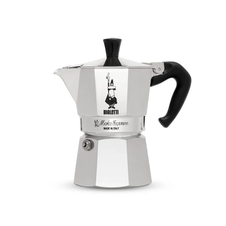 Bialetti Moka Express 2 tz – aluminiowa kawiarka z logo Bialetti, widok z przodu