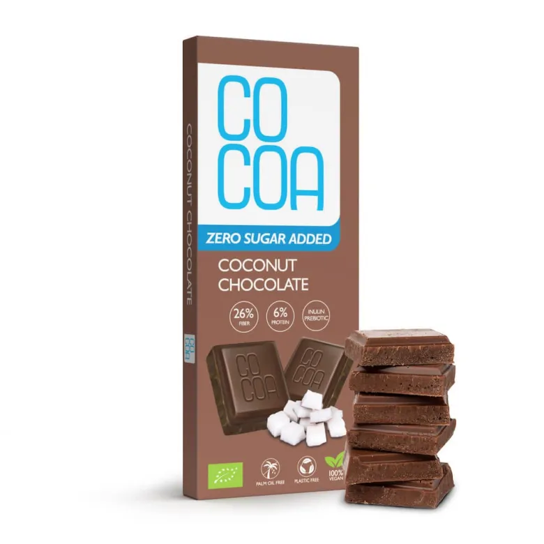 COCOA Czekolada kokosowa BIO 40 g – tabliczka w opakowaniu i kostki czekolady