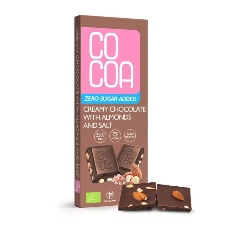 COCOA Czekolada creamy z migdałami i solą BIO 40 g – tabliczka w opakowaniu i kawałki z migdałami