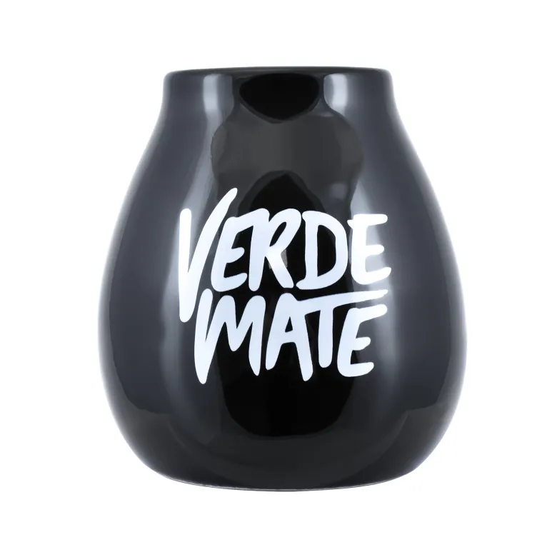Tykwa ceramiczna Verde Mate czarna 350 ml – tykwa z białym napisem Verde Mate